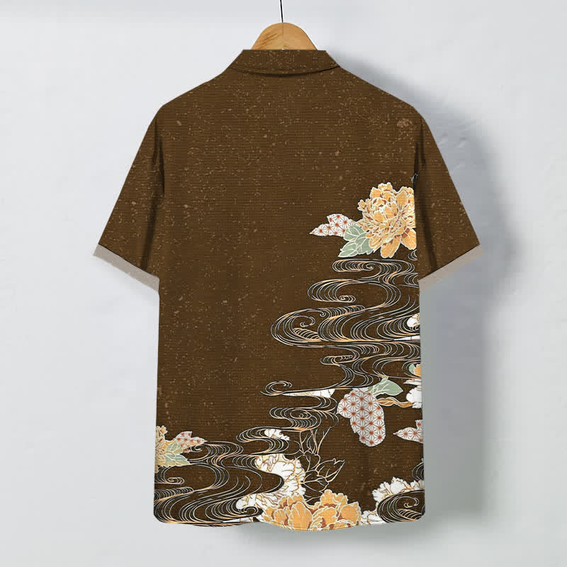 Buddha Stones Camisa transpirable de manga corta para hombre con botones y estampado de nubes y olas de loto - image 11
