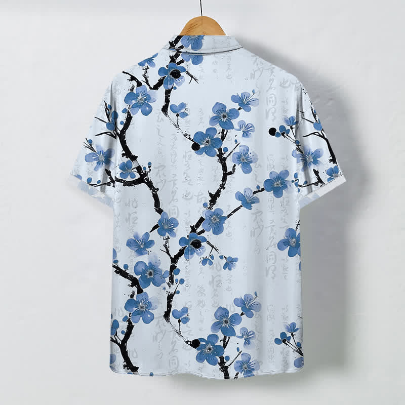 Buddha Stones Camisa de manga corta para hombre con botones y estampado de ramas de ciruelo rojo, resistente a las arrugas. - image 4