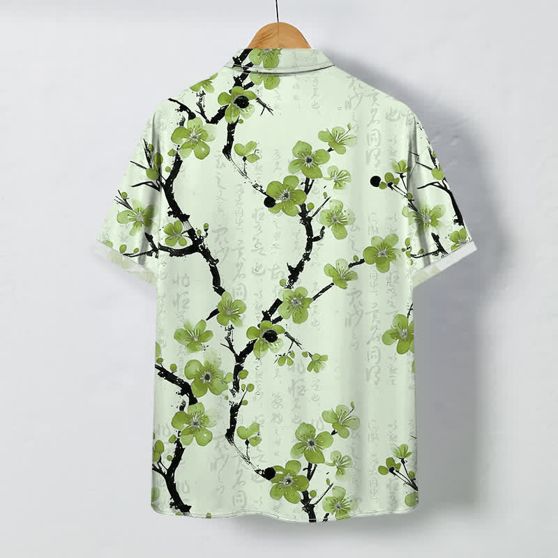 Buddha Stones Camisa de manga corta para hombre con botones y estampado de ramas de ciruelo rojo, resistente a las arrugas. - image 7