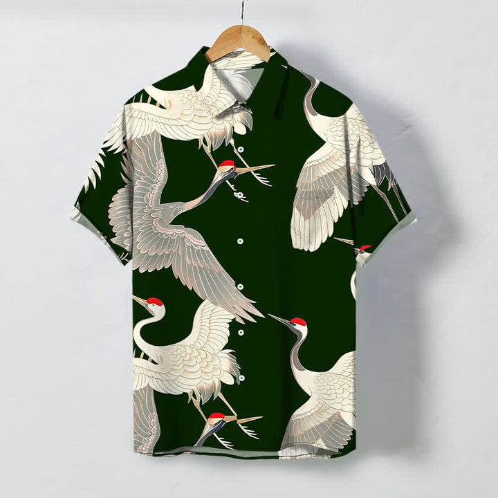 Buddha Stones Camisa de manga corta para hombre con botones y estampado de grulla de corona roja en vuelo, resistente a las arrugas. - Verde oscuro - US/UK/AU48, UE58 (4XL) - image 5