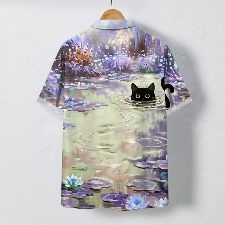 Buddha Stones Camisa transpirable de manga corta para hombre con estampado de lirios de agua y gato negro. - Beige - US/UK/AU48, UE58 (4XL) - image 4