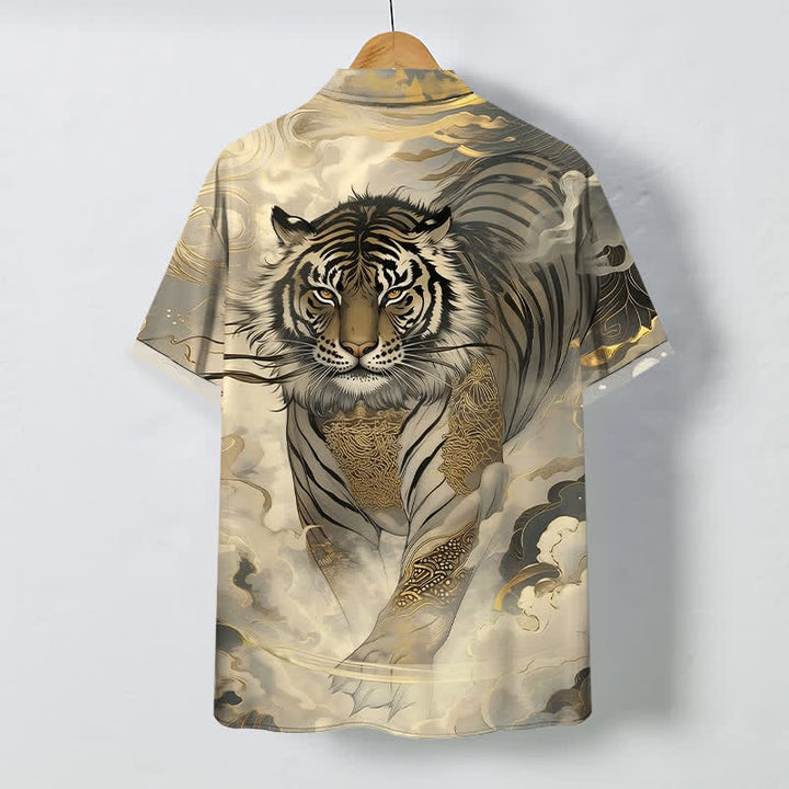 Buddha Stones Camisa de manga corta para hombre con botones y estampado de olas y nubes de tigre, resistente a las arrugas. - image 1