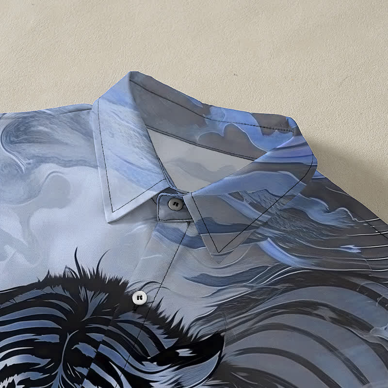 Buddha Stones Camisa de manga corta para hombre con botones y estampado de olas y nubes de tigre, resistente a las arrugas. - image 7