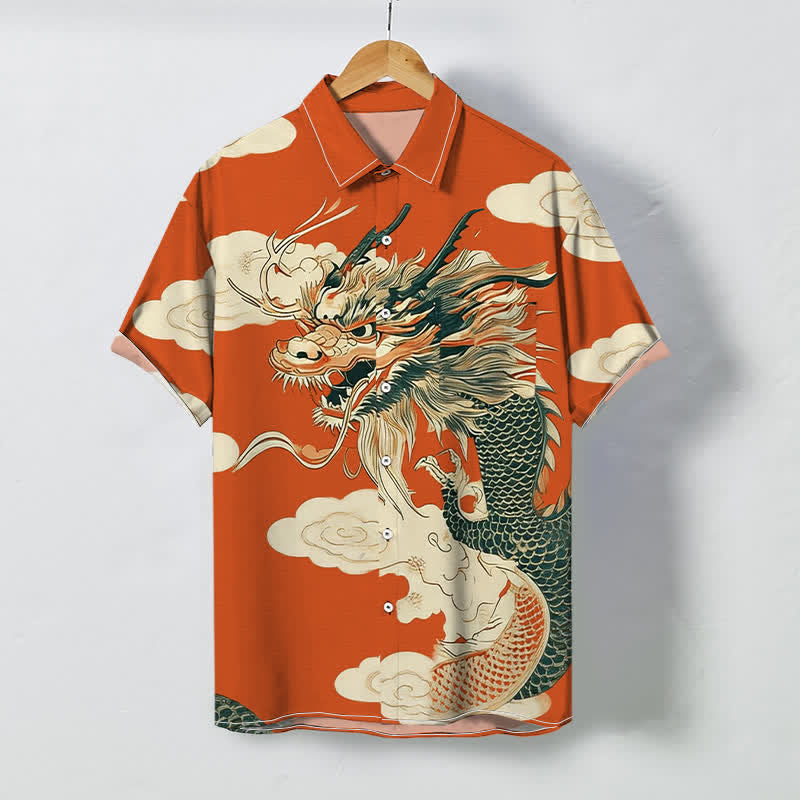 Buddha Stones Camisa de manga corta para hombre con botones y estampado de nube de dragón chino, resistente a las arrugas. - Naranja - US/UK/AU48, UE58 (4XL) - image 0