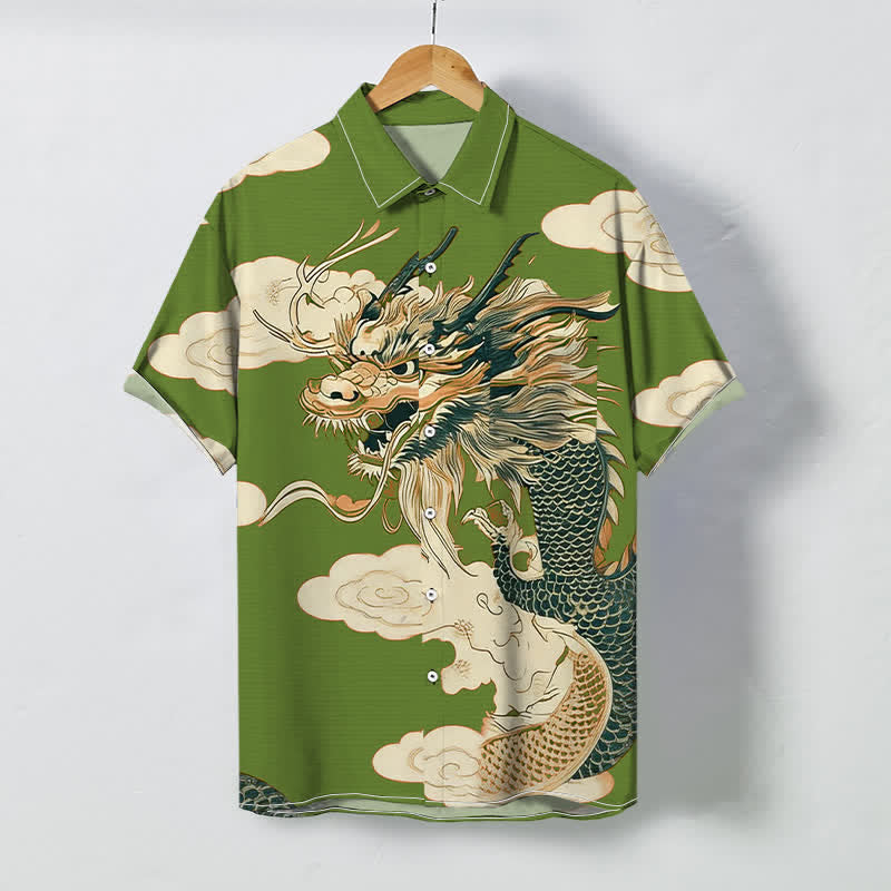 Buddha Stones Camisa de manga corta para hombre con botones y estampado de nube de dragón chino, resistente a las arrugas. - Verde oliva - US/UK/AU48, UE58 (4XL) - image 3