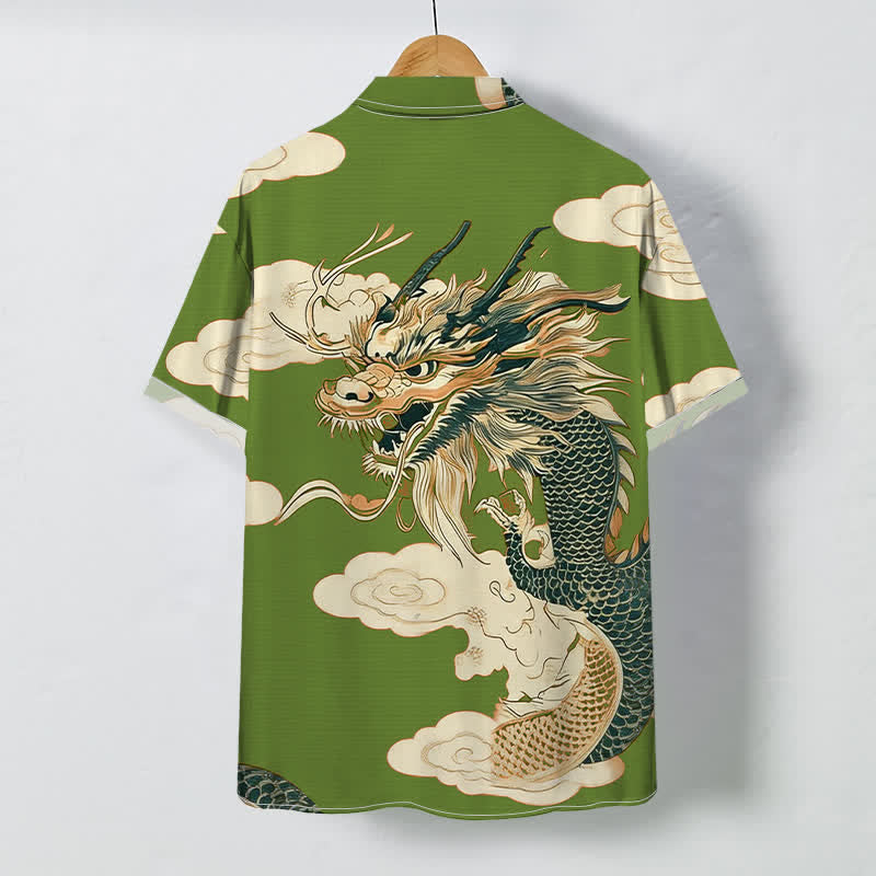 Buddha Stones Camisa de manga corta para hombre con botones y estampado de nube de dragón chino, resistente a las arrugas. - image 4