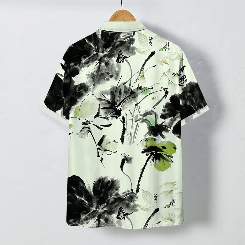 Buddha Stones Camisa transpirable de manga corta para hombre con botones y estampado floral en tinta - image 4