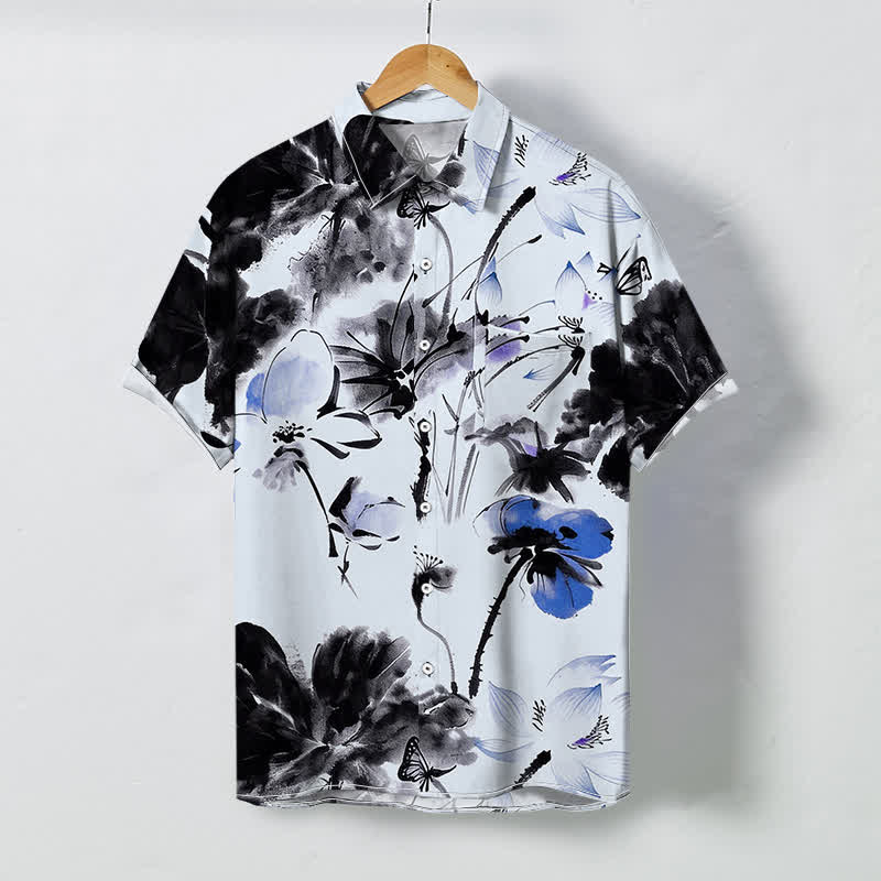 Buddha Stones Camisa transpirable de manga corta para hombre con botones y estampado floral en tinta - Azul claro - US/UK/AU48, UE58 (4XL) - image 6