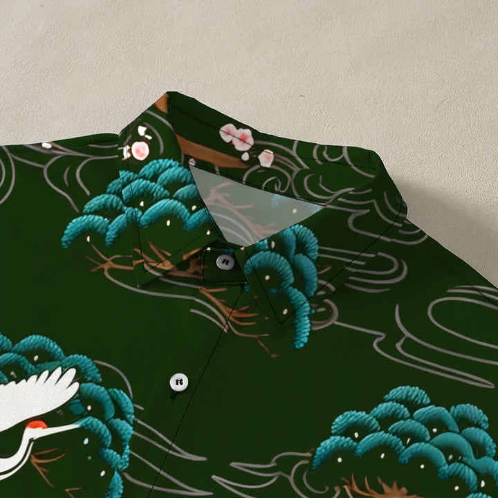 Buddha Stones Camisa transpirable de manga corta para hombre con estampado de nubes, flores de pino y grullas. - image 7