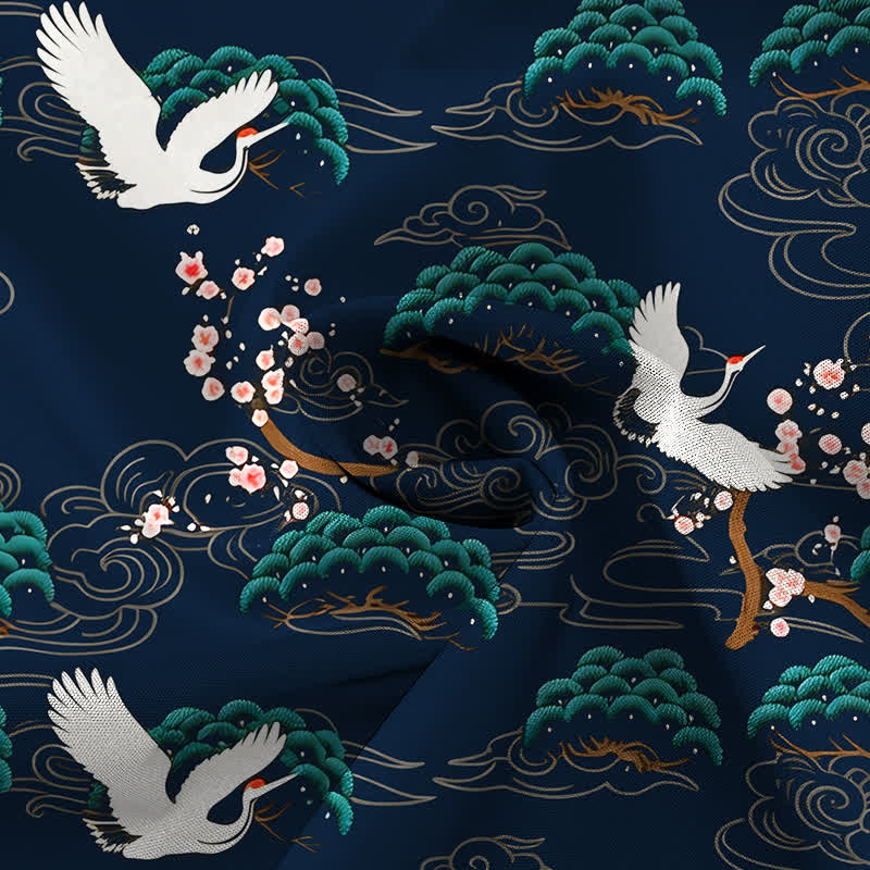 Buddha Stones Camisa transpirable de manga corta para hombre con estampado de nubes, flores de pino y grullas. - image 14