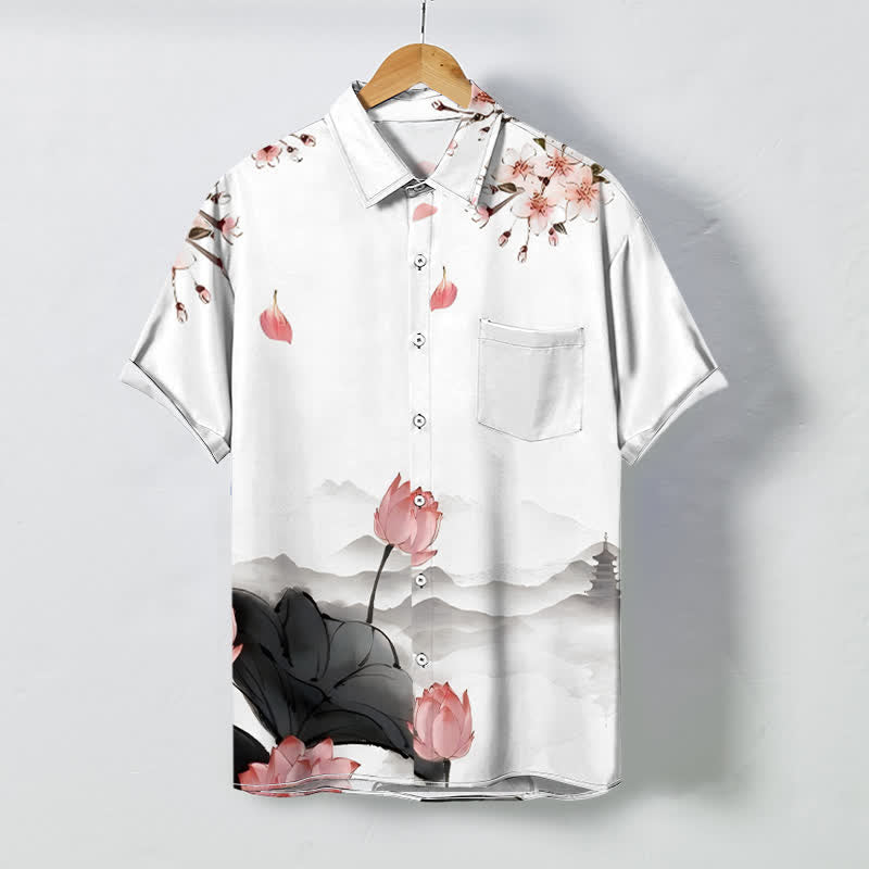Buddha Stones Camisa de manga corta para hombre con botones y estampado de pagoda de montaña de loto, resistente a las arrugas. - Blanco - US/UK/AU48, UE58 (4XL) - image 0