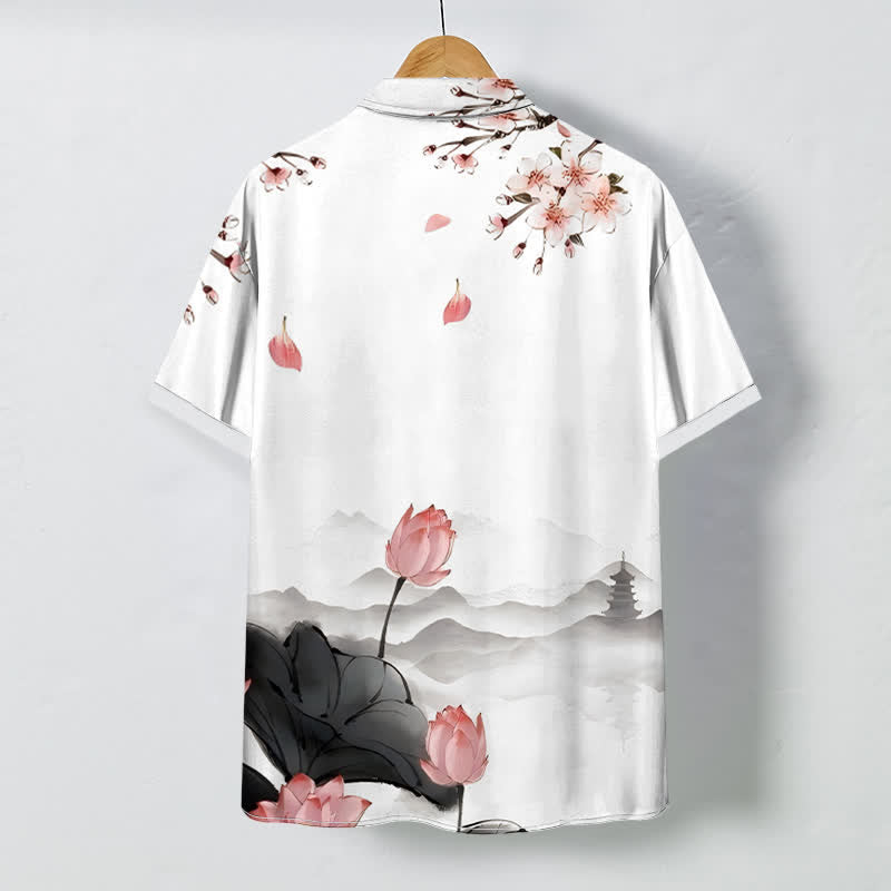 Buddha Stones Camisa de manga corta para hombre con botones y estampado de pagoda de montaña de loto, resistente a las arrugas. - image 1
