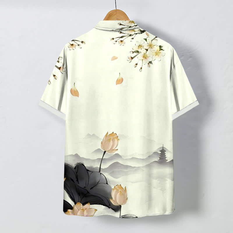 Buddha Stones Camisa de manga corta para hombre con botones y estampado de pagoda de montaña de loto, resistente a las arrugas. - image 4