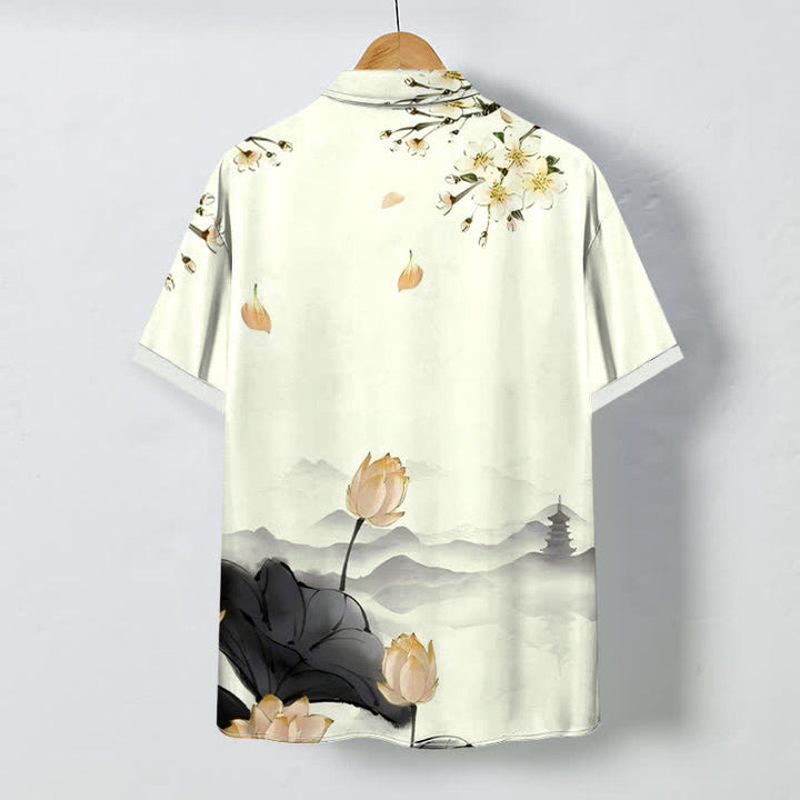 Buddha Stones Camisa de manga corta para hombre con botones y estampado de pagoda de montaña de loto, resistente a las arrugas. - image 4