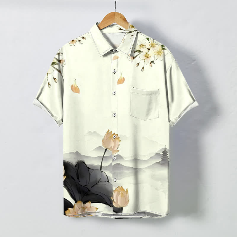 Buddha Stones Camisa de manga corta para hombre con botones y estampado de pagoda de montaña de loto, resistente a las arrugas. - seda de maíz - US/UK/AU48, UE58 (4XL) - image 3