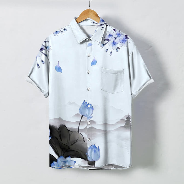 Buddha Stones Camisa de manga corta para hombre con botones y estampado de pagoda de montaña de loto, resistente a las arrugas. - AliciaAzul - US/UK/AU48, UE58 (4XL) - image 6