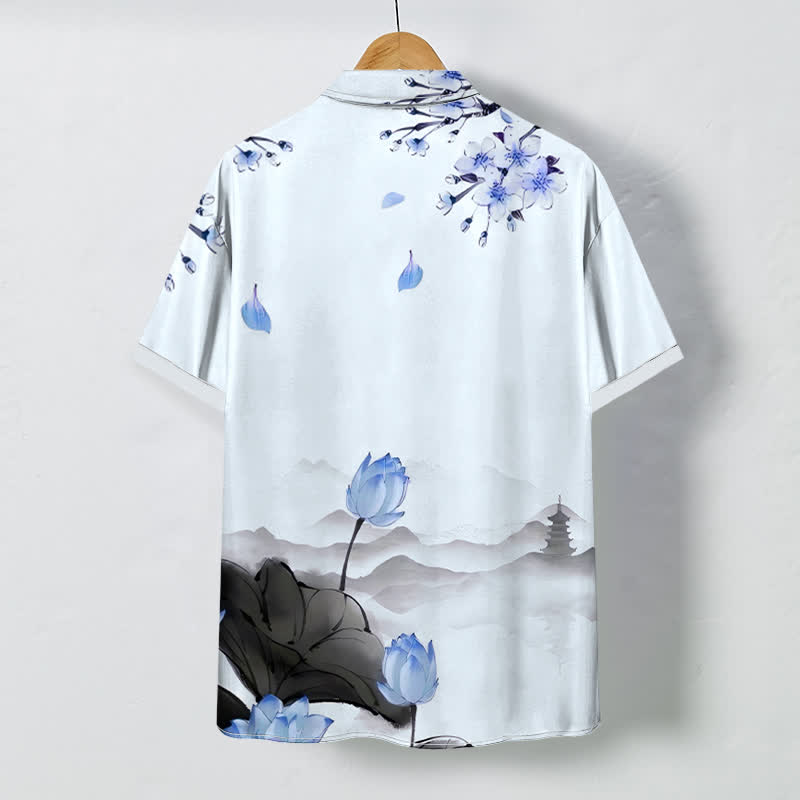 Buddha Stones Camisa de manga corta para hombre con botones y estampado de pagoda de montaña de loto, resistente a las arrugas. - image 7
