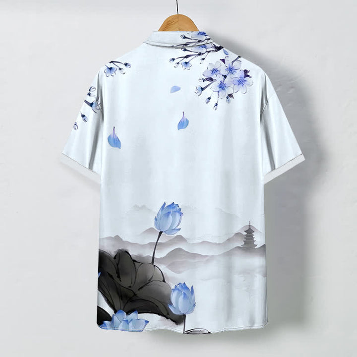 Buddha Stones Camisa de manga corta para hombre con botones y estampado de pagoda de montaña de loto, resistente a las arrugas. - image 7