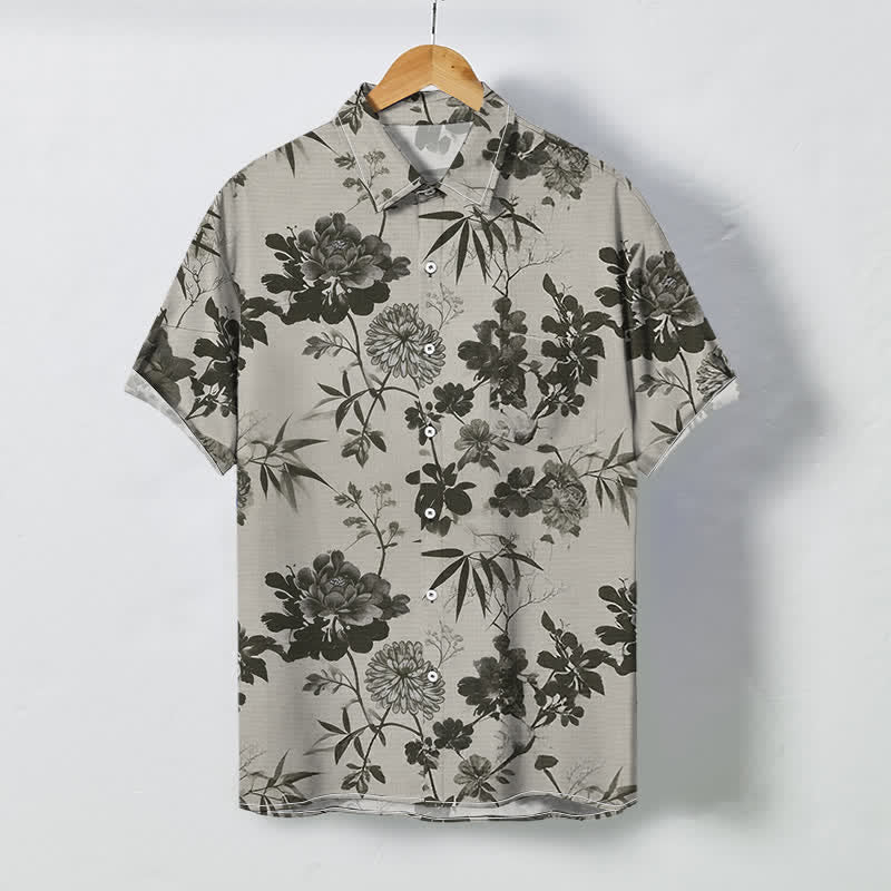 Buddha Stones Camisa transpirable de manga corta para hombre con botones y estampado floral oscuro de hojas de bambú. - Gris claro - US/UK/AU48, UE58 (4XL) - image 0