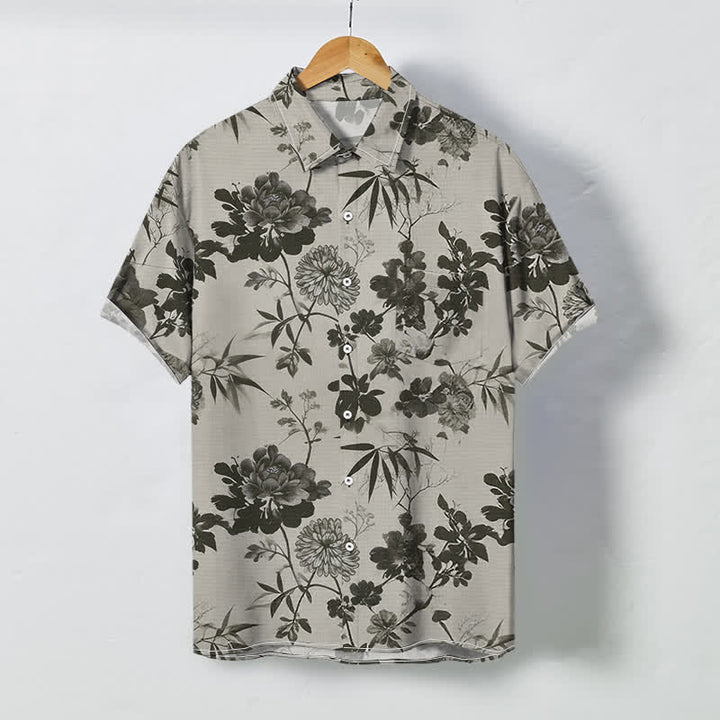 Buddha Stones Camisa transpirable de manga corta para hombre con botones y estampado floral oscuro de hojas de bambú. - Gris claro - US/UK/AU48, UE58 (4XL) - image 0