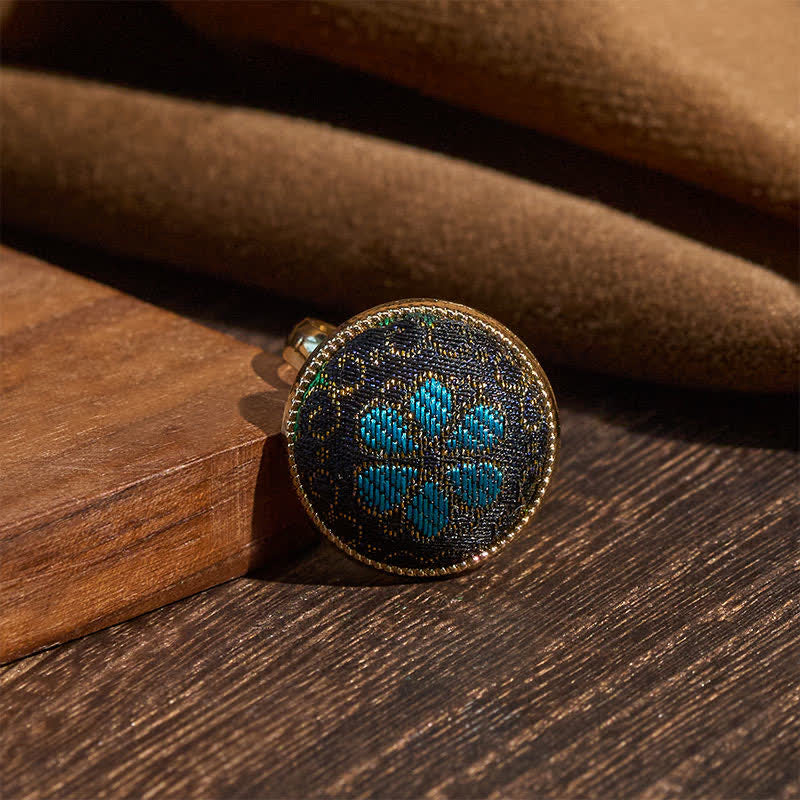 Buddha Stones Anillo redondo ajustable hecho a mano con brocado y diseño floral. - image 2