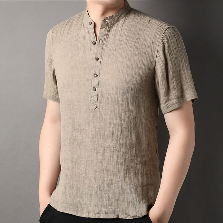 Buddha Stones Camisas de manga corta para hombre de lino liso con cuello mandarín, estilo casual de verano. - image 2