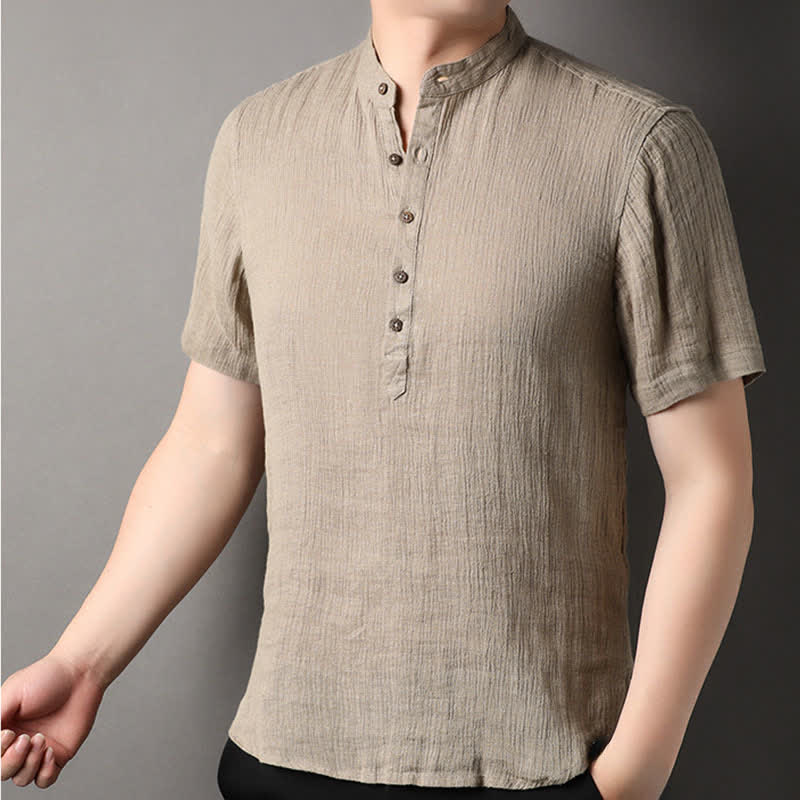 Buddha Stones Camisas de manga corta para hombre de lino liso con cuello mandarín, estilo casual de verano. - image 3
