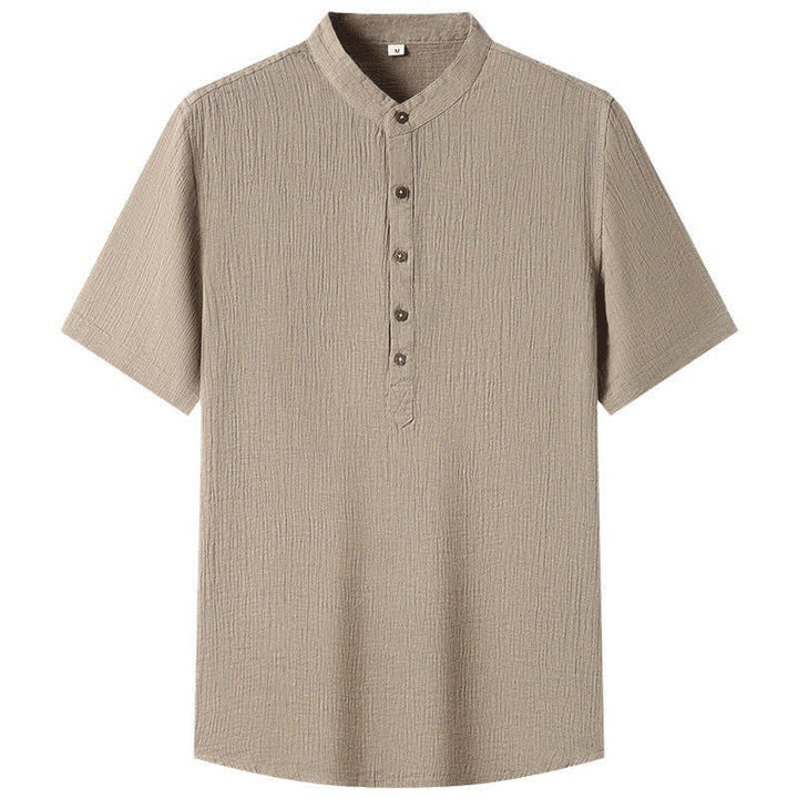 Buddha Stones Camisas de manga corta para hombre de lino liso con cuello mandarín, estilo casual de verano. - image 5