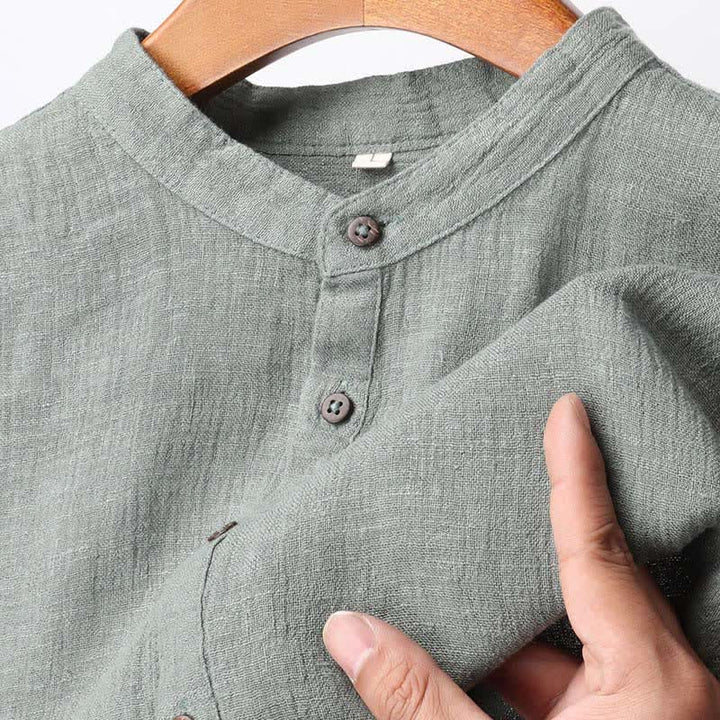 Buddha Stones Camisas de manga corta para hombre de lino liso con cuello mandarín, estilo casual de verano. - image 20