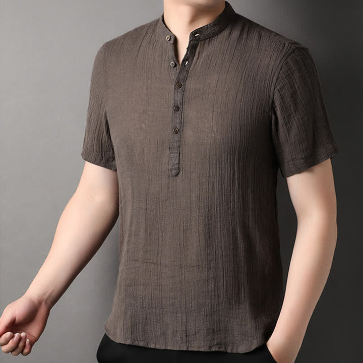 Buddha Stones Camisas de manga corta para hombre de lino liso con cuello mandarín, estilo casual de verano. - image 14