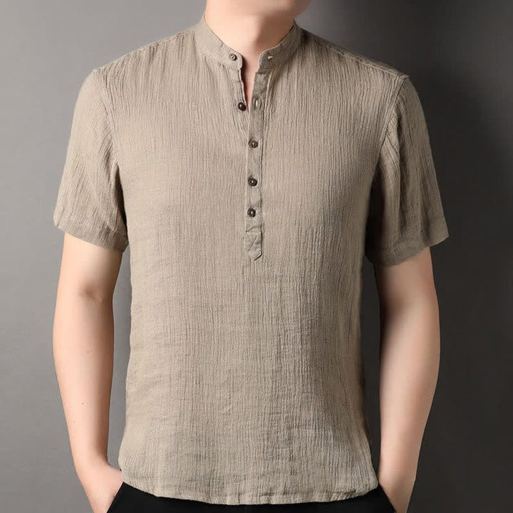 Buddha Stones Camisas de manga corta para hombre de lino liso con cuello mandarín, estilo casual de verano. - Broncearse - US/UK/AU44, EU54 (4XL) - image 0