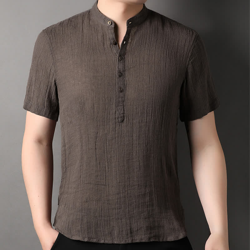 Buddha Stones Camisas de manga corta para hombre de lino liso con cuello mandarín, estilo casual de verano. - image 15