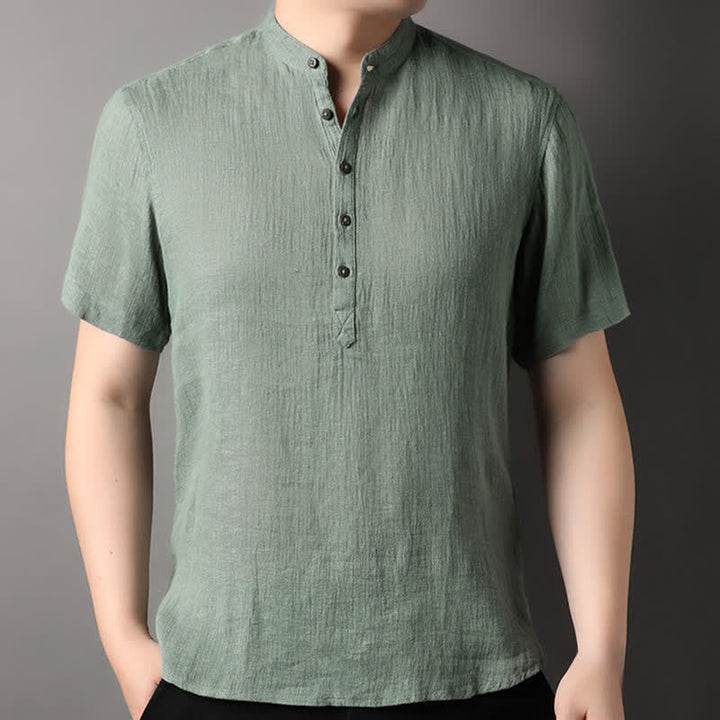 Buddha Stones Camisas de manga corta para hombre de lino liso con cuello mandarín, estilo casual de verano. - image 17