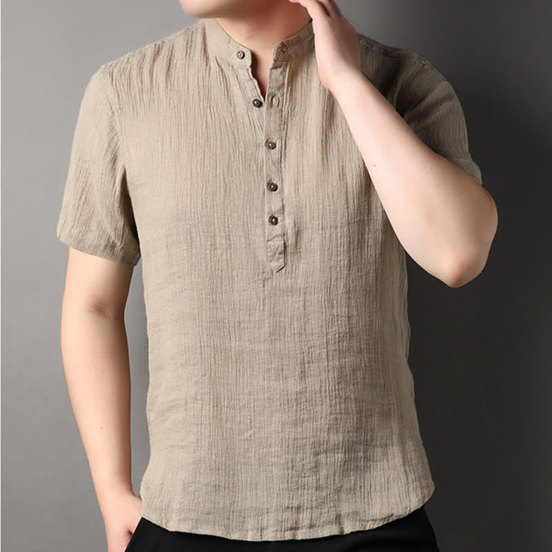Buddha Stones Camisas de manga corta para hombre de lino liso con cuello mandarín, estilo casual de verano. - image 1