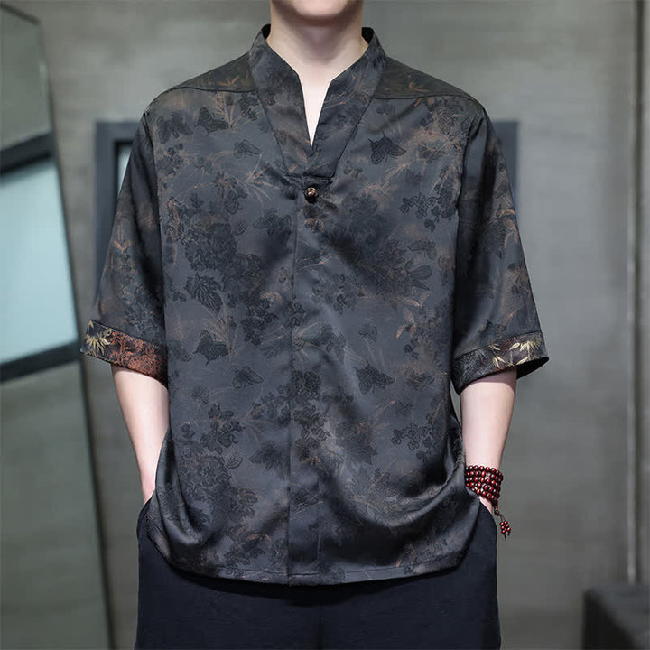 Buddha Stones Camisas de manga corta para hombre estilo Tang, informales, con cuello mandarín y estampado de mariposas de bambú, ideales para primavera y verano. - image 1