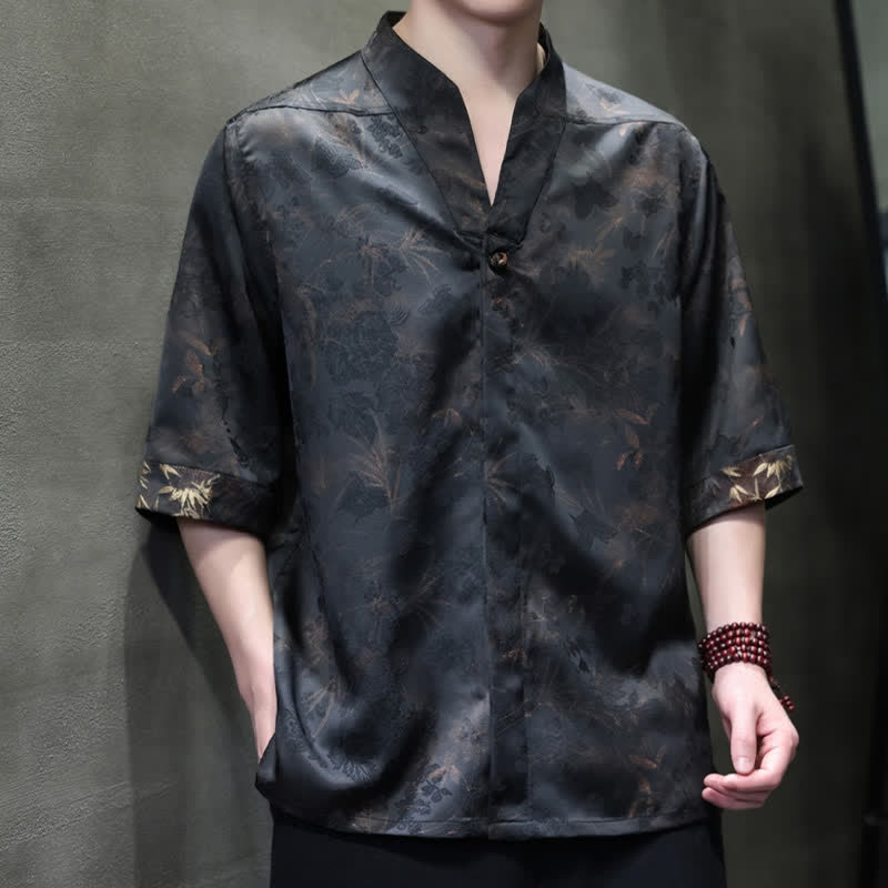 Buddha Stones Camisas de manga corta para hombre estilo Tang, informales, con cuello mandarín y estampado de mariposas de bambú, ideales para primavera y verano. - image 2