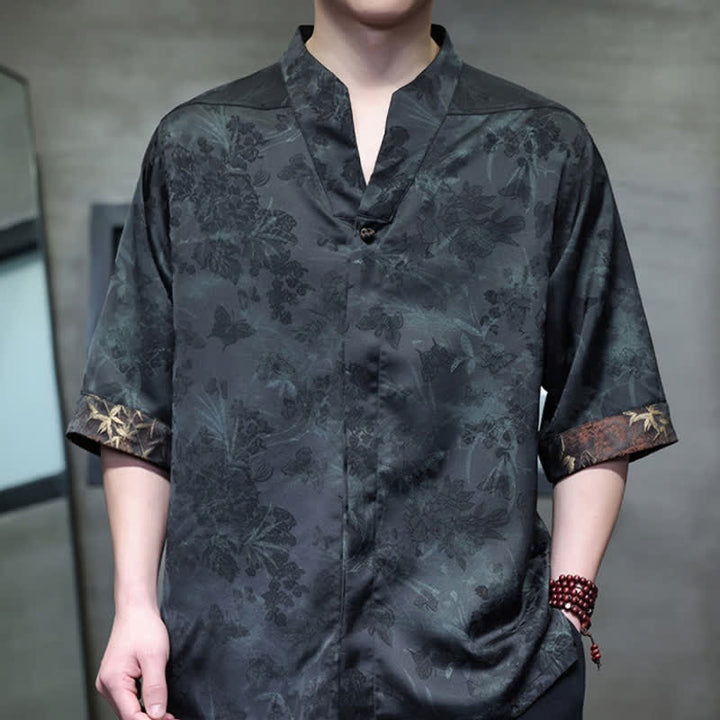 Buddha Stones Camisas de manga corta para hombre estilo Tang, informales, con cuello mandarín y estampado de mariposas de bambú, ideales para primavera y verano. - image 14