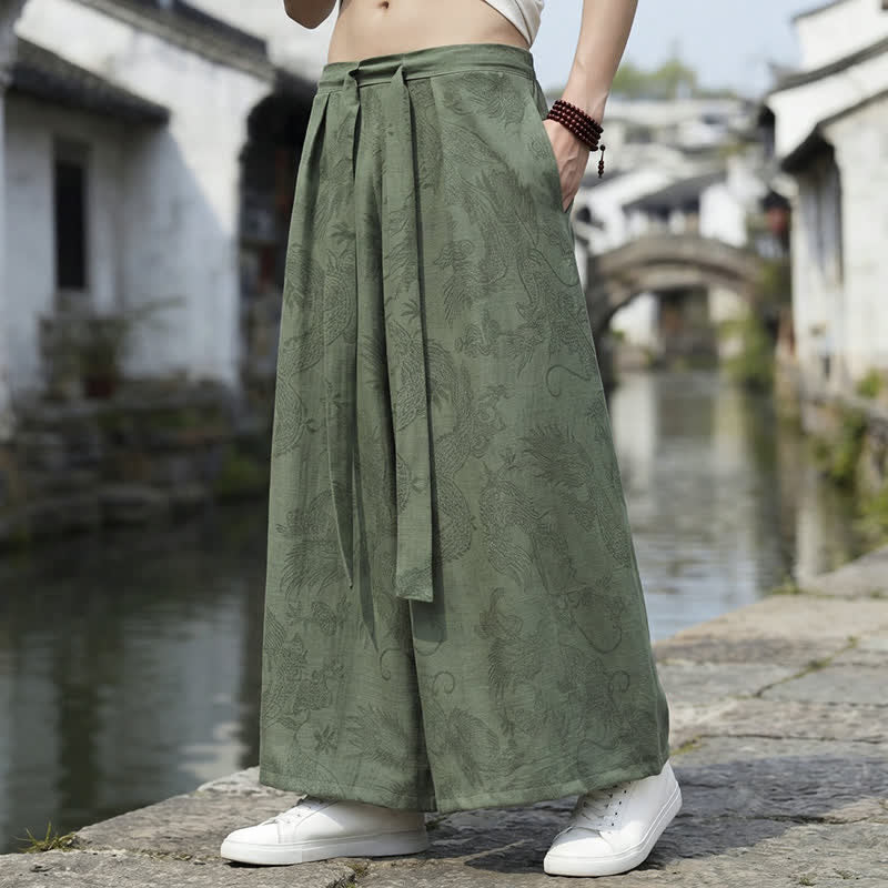 Buddha Stones Pantalones de verano informales estilo Tang con cordón y estampado de dragón, pantalones tobilleros para hombre de pierna ancha. - image 2