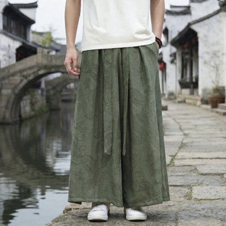 Buddha Stones Pantalones de verano informales estilo Tang con cordón y estampado de dragón, pantalones tobilleros para hombre de pierna ancha. - image 1