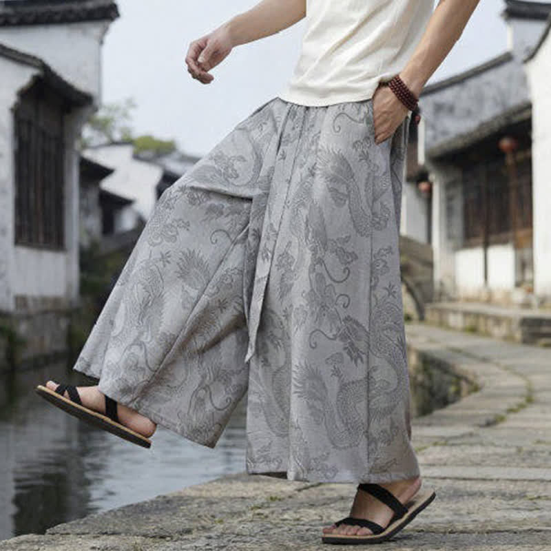 Buddha Stones Pantalones de verano informales estilo Tang con cordón y estampado de dragón, pantalones tobilleros para hombre de pierna ancha. - image 32