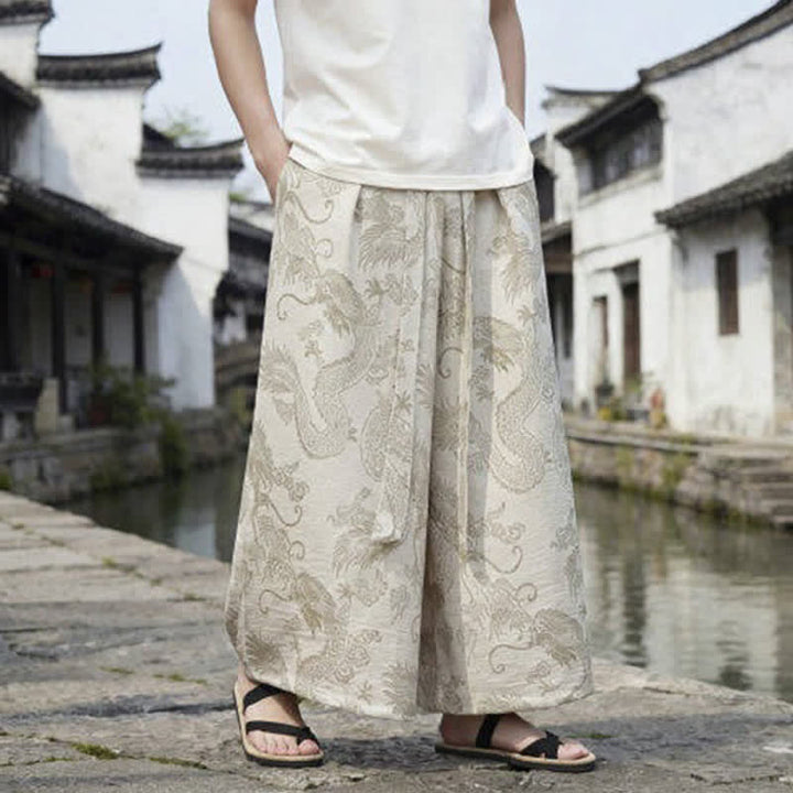 Buddha Stones Pantalones de verano informales estilo Tang con cordón y estampado de dragón, pantalones tobilleros para hombre de pierna ancha. - image 39