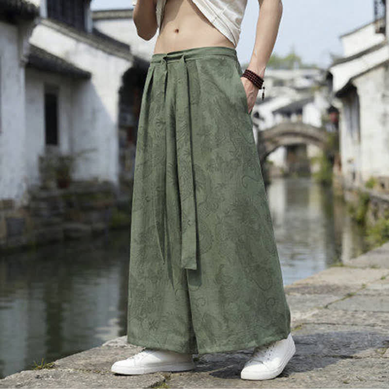 Buddha Stones Pantalones de verano informales estilo Tang con cordón y estampado de dragón, pantalones tobilleros para hombre de pierna ancha. - Aceituna - US/UK/AU46, EU56 (5XL) - image 0