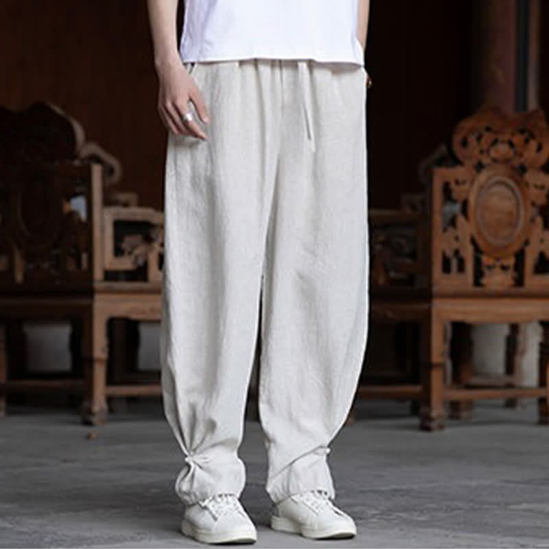 Buddha Stones Pantalones de verano casuales vintage con cintura elástica y cordón ajustable, color liso, hasta el tobillo, para hombre. - image 1