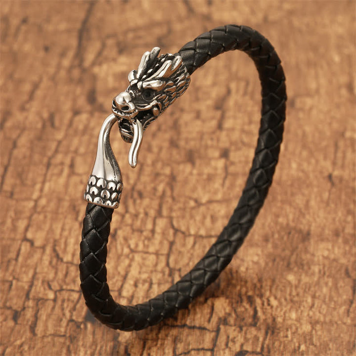 Buddha Stones Pulsera punk de cuero trenzado Dragon Strength - Negro - 7,9–8,3 pulgadas (20–21 cm) - image 0
