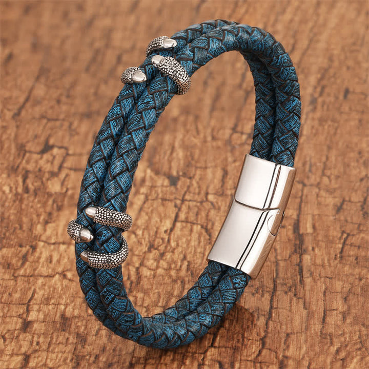Buddha Stones Pulsera de acero inoxidable con diseño de garra de dragón y cuero trenzado. - Azul - 7,9–8,3 pulgadas (20–21 cm) - image 0