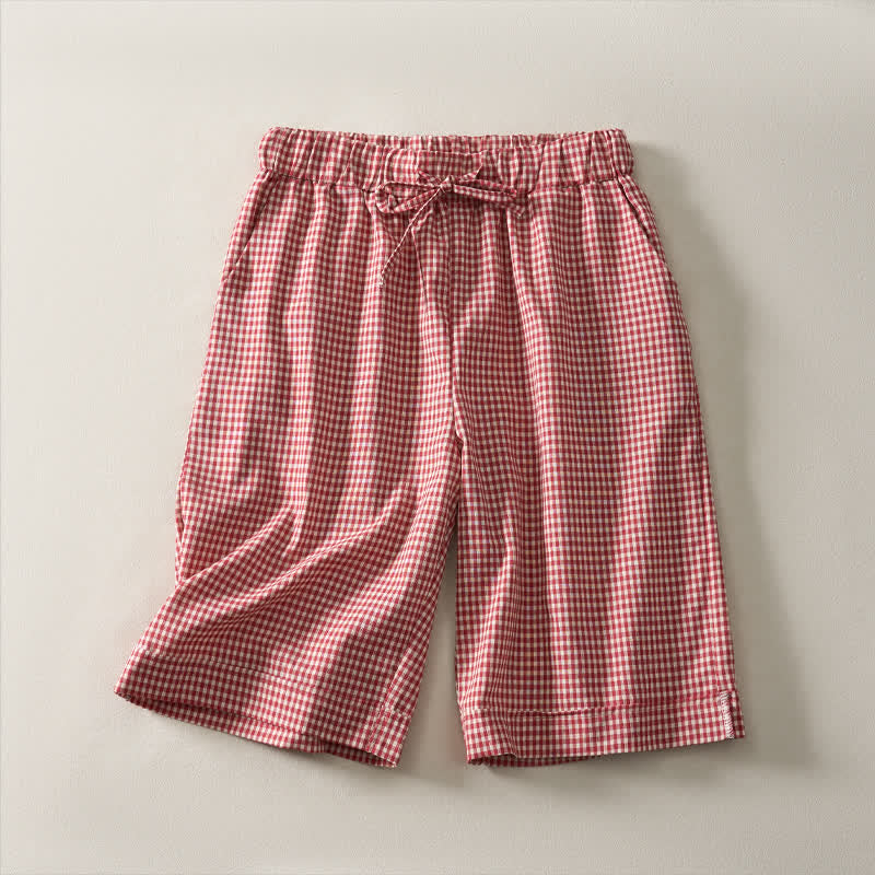 Buddha Stones Pantalones cortos de algodón a cuadros con cordón ajustable estilo vintage para mujer, ideales para el verano. - Rojo - US14, UK/AU18, EU46 (3XL) - image 0