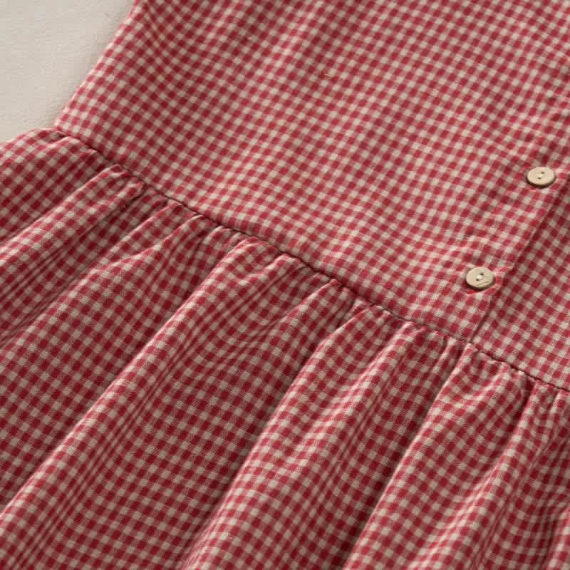 Buddha Stones Vestido de verano vintage de algodón con cuello redondo, botones y estampado a cuadros, sin mangas y bolsillo. - image 4