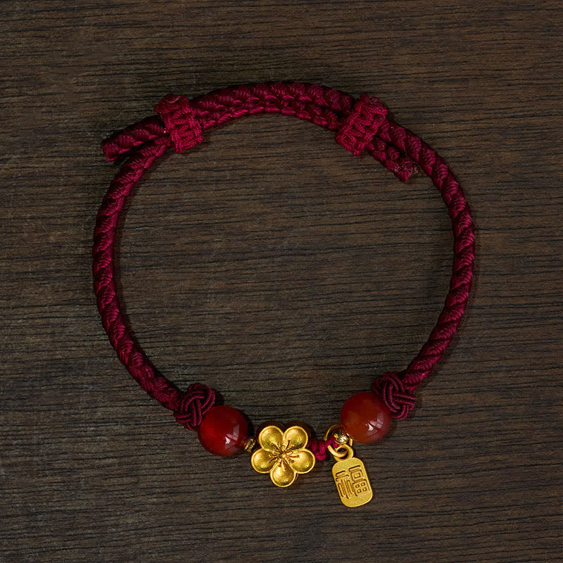 Buddha Stones Pulsera con dije de hilo rojo de buena fortuna con diseño de flores de durazno de cobre y personaje Fu. - image 1