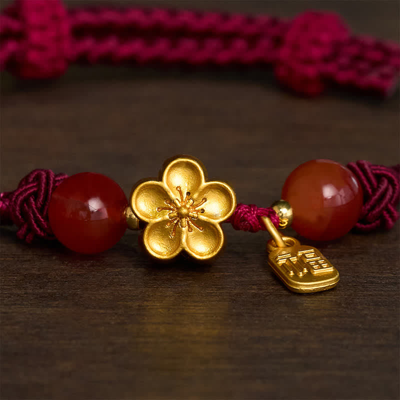 Buddha Stones Pulsera con dije de hilo rojo de buena fortuna con diseño de flores de durazno de cobre y personaje Fu. - image 3