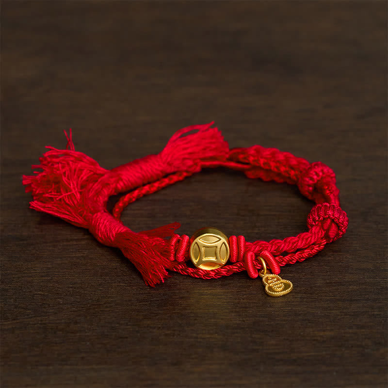Buddha Stones Pulsera de doble hebra roja con colgante de calabaza y moneda china de aleación - rojo - image 4